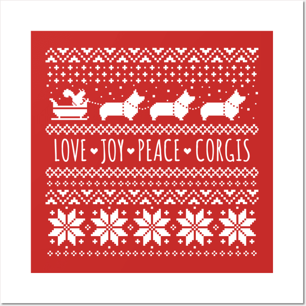 Love Joy Peace Corgis Festive Christmas Holiday Wall Art by Coffee Squirrel